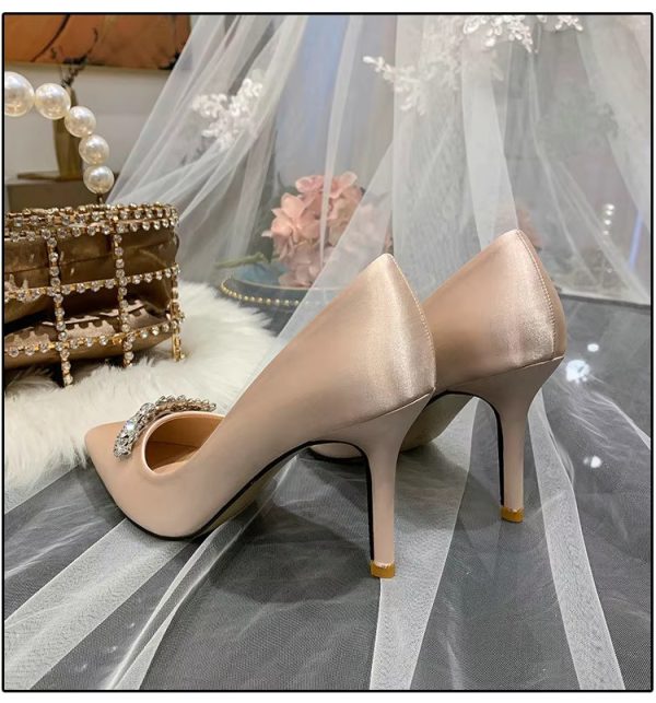 Thin Heel Pointed Toe Fashion Rhinestone Princess Pumps Satin Bridal Shoes - Image 10