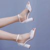 Crystal Flower Elegant Chunky High Heel Ankle Buckle White Lace Sandals - Image 6