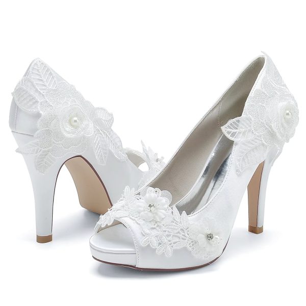 Lace Flowers Open Toe Sweet Prom Graduation Satin Wedding High Heels Shoes - Image 3