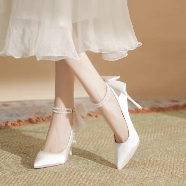 Pearls Buckle Belt Satin Fabric Bow  High Heel Point Toe Wedding Shoes