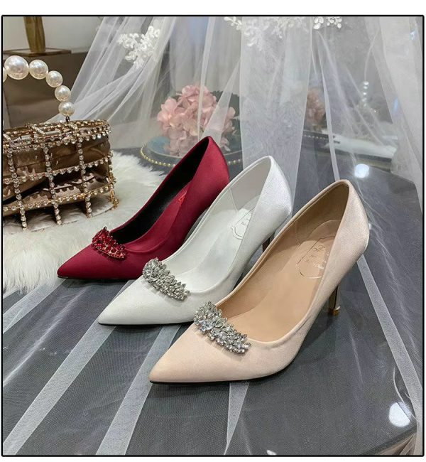 Thin Heel Pointed Toe Fashion Rhinestone Princess Pumps Satin Bridal Shoes - Image 3