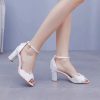 Crystal Flower Elegant Chunky High Heel Ankle Buckle White Lace Sandals - Image 4