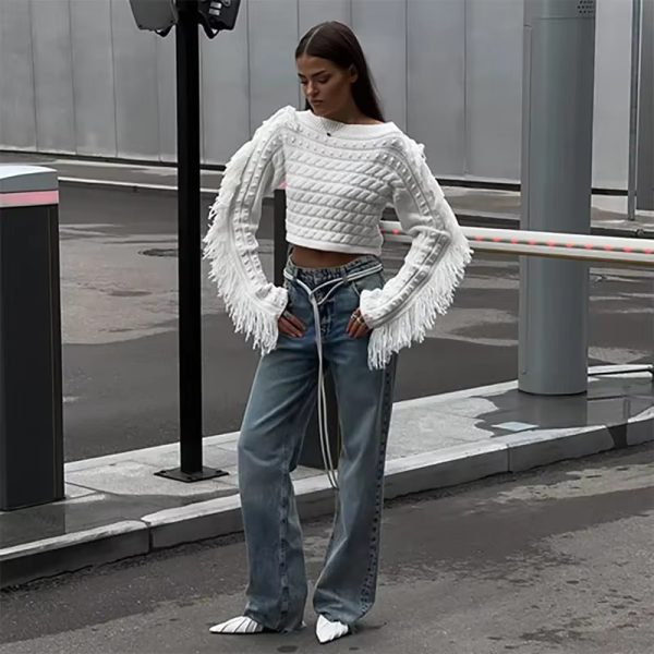 Tassels Off Shoulder Crop Twist Fashion Slash Neck Long Sleeve Pullover High Street Sweater - Image 3