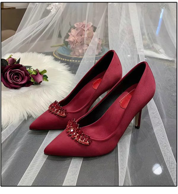 Thin Heel Pointed Toe Fashion Rhinestone Princess Pumps Satin Bridal Shoes - Image 5