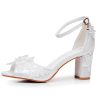 Crystal Flower Elegant Chunky High Heel Ankle Buckle White Lace Sandals - Image 8