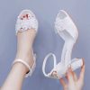 Crystal Flower Elegant Chunky High Heel Ankle Buckle White Lace Sandals - Image 7