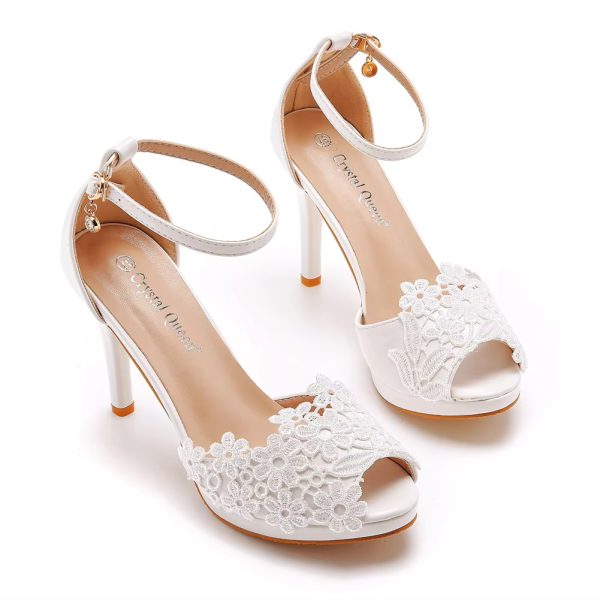 Crystal Pattern White Lace Toe High Heels Queen Party Sandals - Image 7