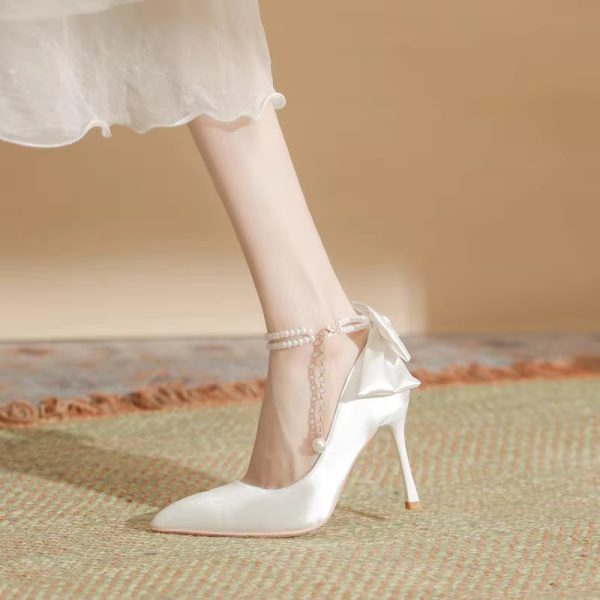 Pearls Buckle Belt Satin Fabric Bow  High Heel Point Toe Wedding Shoes - Image 9