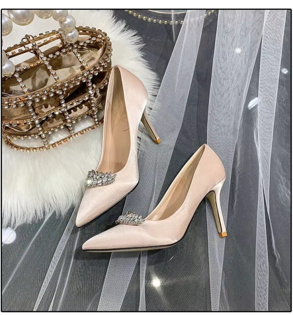 Thin Heel Pointed Toe Fashion Rhinestone Princess Pumps Satin Bridal Shoes - Image 6