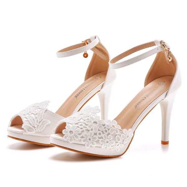 Crystal Pattern White Lace Toe High Heels Queen Party Sandals - Image 2