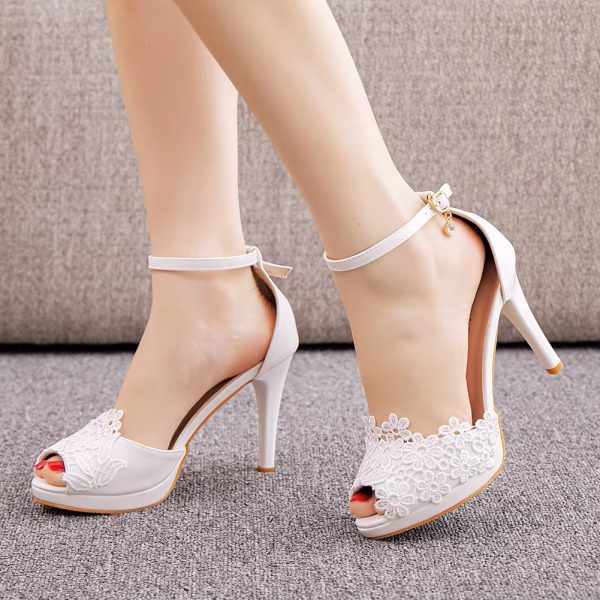 Crystal Pattern White Lace Toe High Heels Queen Party Sandals - Image 3