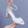 Crystal Flower Elegant Chunky High Heel Ankle Buckle White Lace Sandals - Image 5
