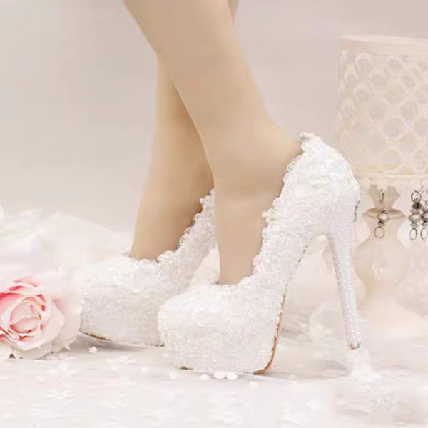 Luxury White Lace Pearl Pattern Pointed Toe Bridal Platform Stiletto High Heel Shoes