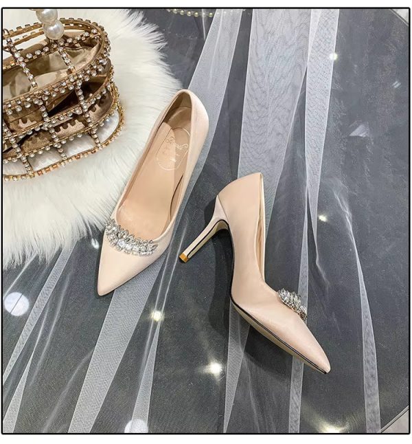 Thin Heel Pointed Toe Fashion Rhinestone Princess Pumps Satin Bridal Shoes - Image 8