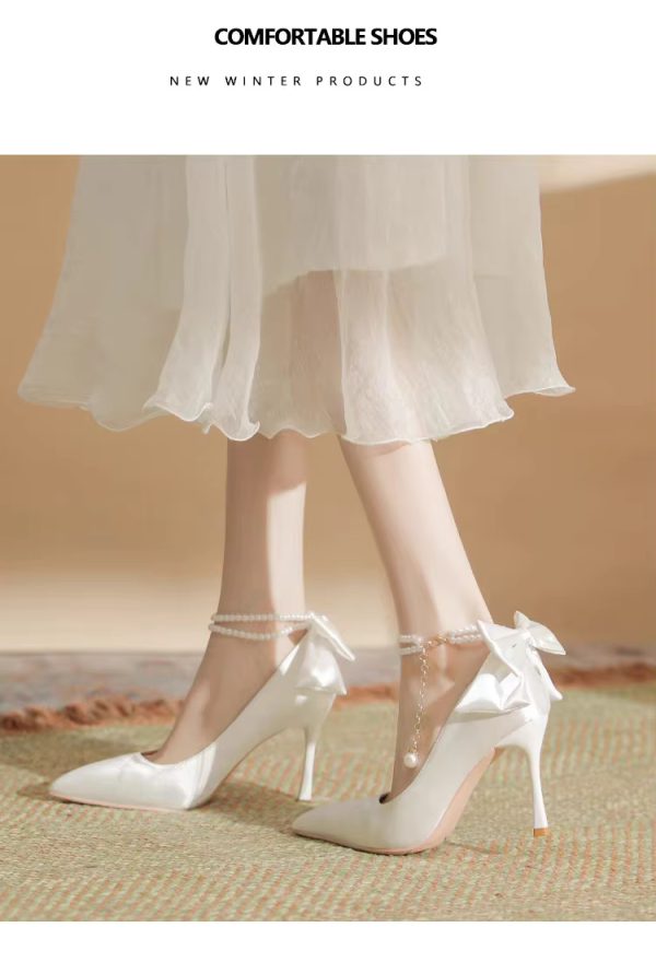 Pearls Buckle Belt Satin Fabric Bow  High Heel Point Toe Wedding Shoes - Image 8