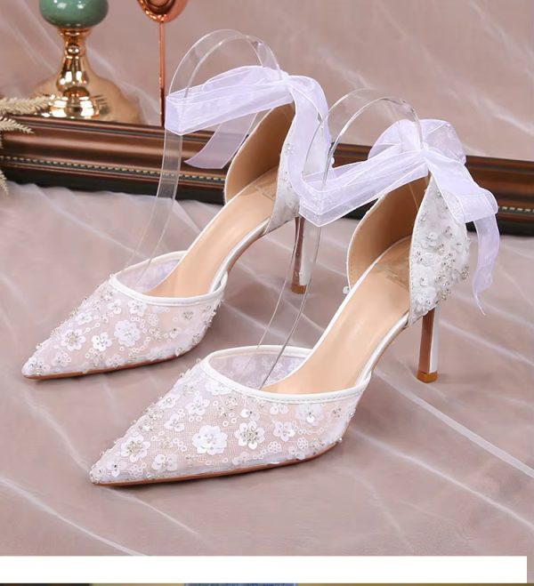 Pointy Thin Heel Lace Hollow Bun Strap Fashion Mesh High Heels Bride Shoes Sandals - Image 4