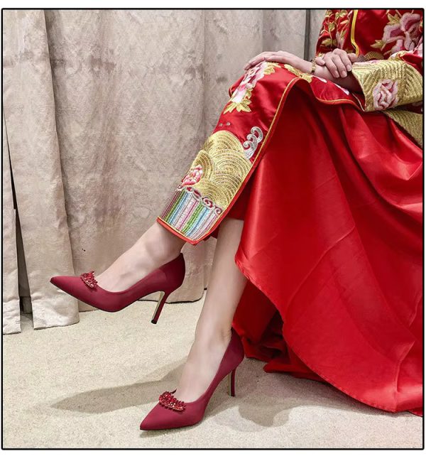 Thin Heel Pointed Toe Fashion Rhinestone Princess Pumps Satin Bridal Shoes - Image 13