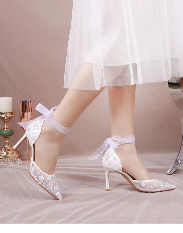 Pointy Thin Heel Lace Hollow Bun Strap Fashion Mesh High Heels Bride Shoes Sandals - Image 8