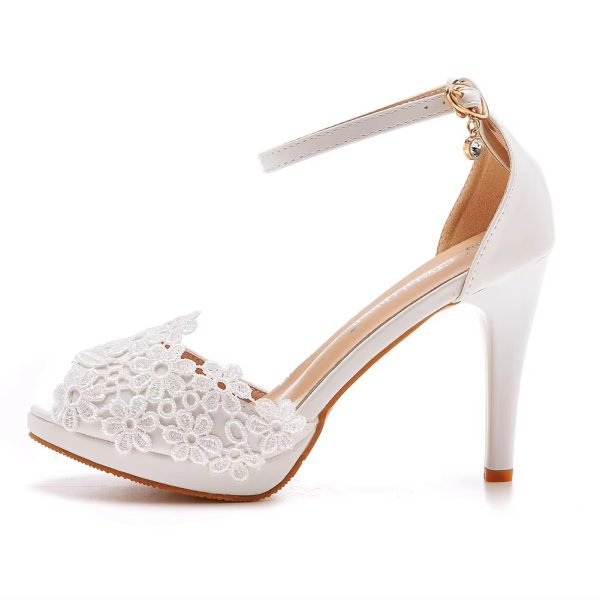 Crystal Pattern White Lace Toe High Heels Queen Party Sandals - Image 4