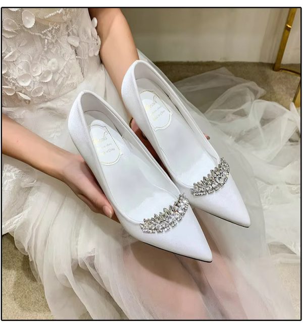 Thin Heel Pointed Toe Fashion Rhinestone Princess Pumps Satin Bridal Shoes - Image 9