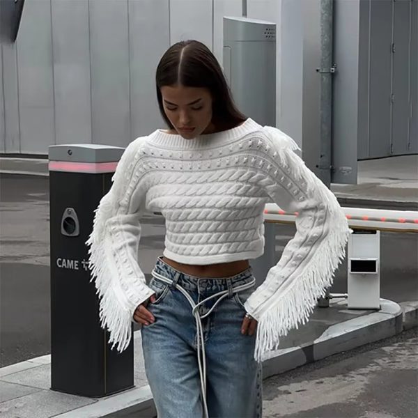 Tassels Off Shoulder Crop Twist Fashion Slash Neck Long Sleeve Pullover High Street Sweater - Image 5