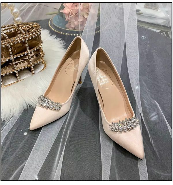 Thin Heel Pointed Toe Fashion Rhinestone Princess Pumps Satin Bridal Shoes - Image 12