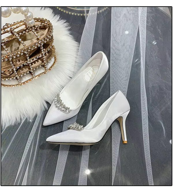 Thin Heel Pointed Toe Fashion Rhinestone Princess Pumps Satin Bridal Shoes - Image 11