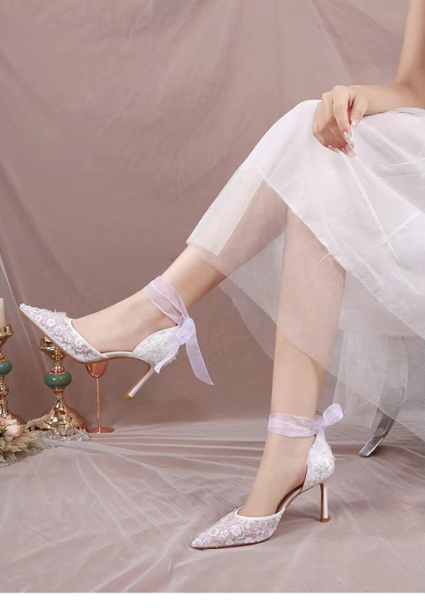 Pointy Thin Heel Lace Hollow Bun Strap Fashion Mesh High Heels Bride Shoes Sandals - Image 7