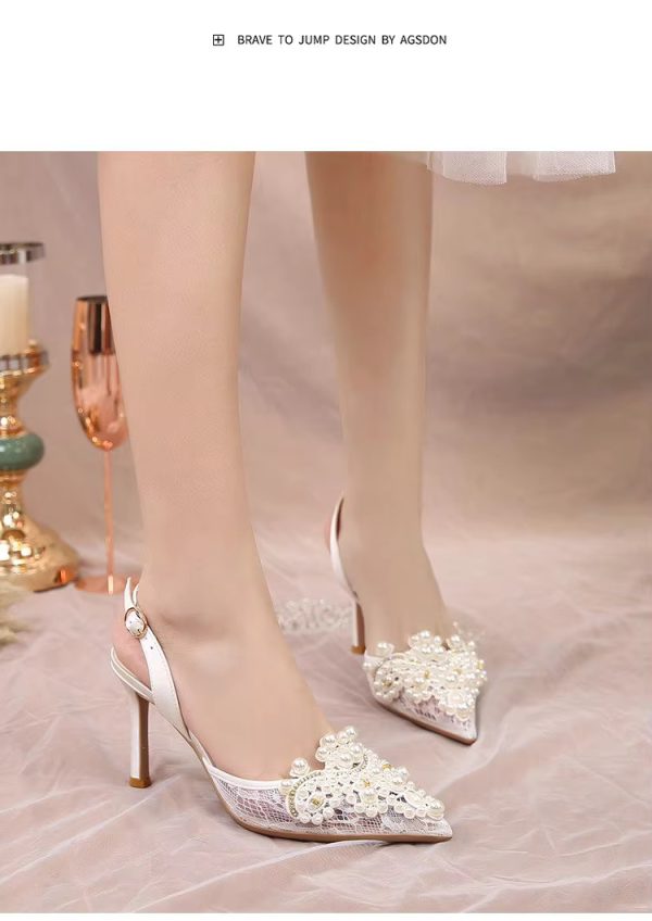 Pearl Fashion High Heels Lace Shoes Bridesmaid Shoes Pumps - Image 2