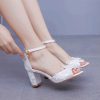 Crystal Flower Elegant Chunky High Heel Ankle Buckle White Lace Sandals - Image 3