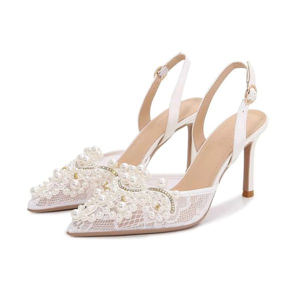 Pearl Fashion High Heels Lace Shoes Bridesmaid Shoes Pumps - Image 3