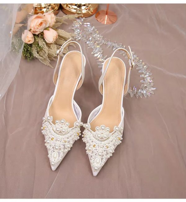 Pearl Fashion High Heels Lace Shoes Bridesmaid Shoes Pumps - Image 7