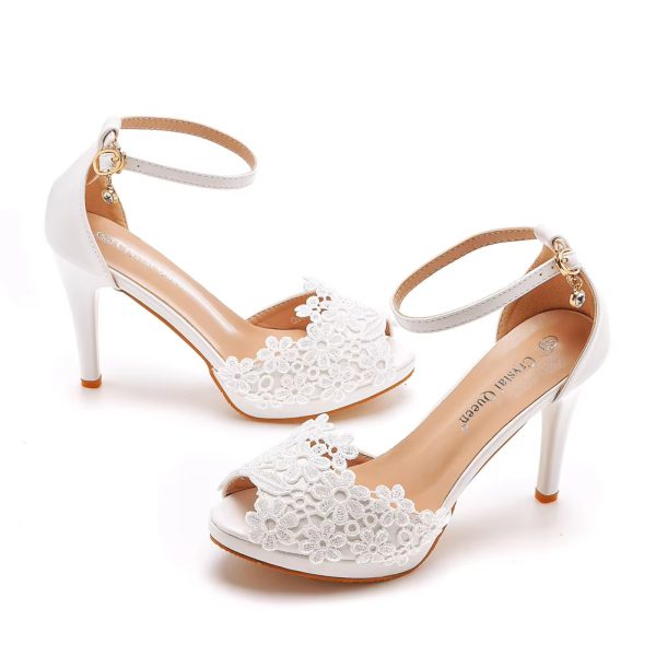 Crystal Pattern White Lace Toe High Heels Queen Party Sandals - Image 9