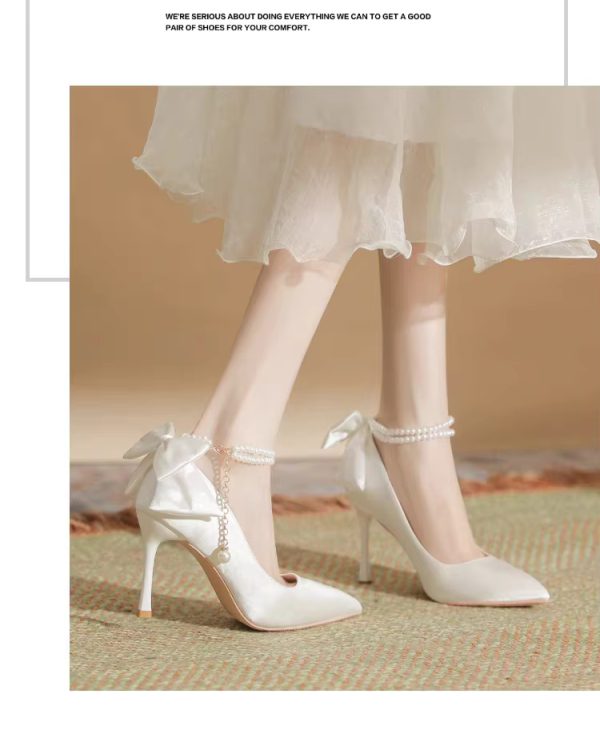 Pearls Buckle Belt Satin Fabric Bow  High Heel Point Toe Wedding Shoes - Image 7