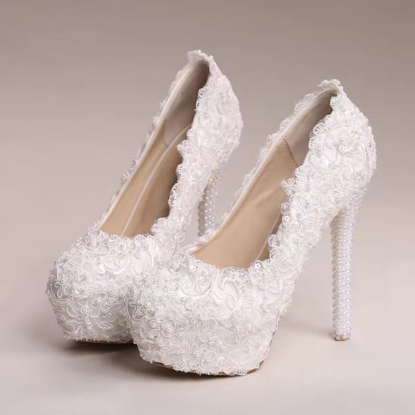 Luxury White Lace Pearl Pattern Pointed Toe Bridal Platform Stiletto High Heel Shoes - Image 4