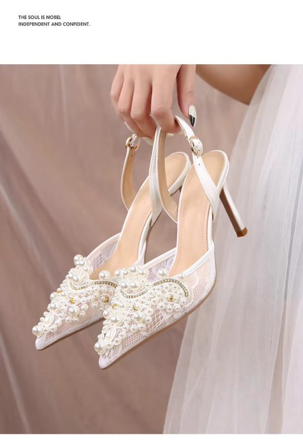 Pearl Fashion High Heels Lace Shoes Bridesmaid Shoes Pumps - Image 8