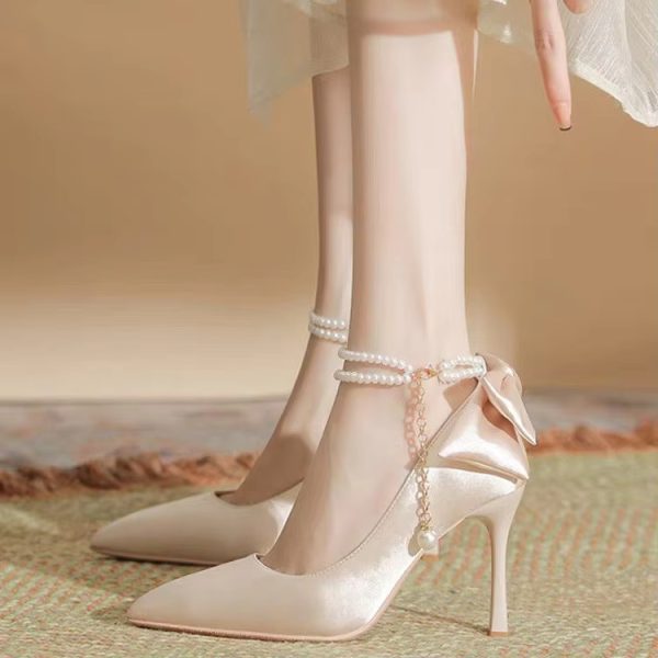 Pearls Buckle Belt Satin Fabric Bow  High Heel Point Toe Wedding Shoes - Image 6