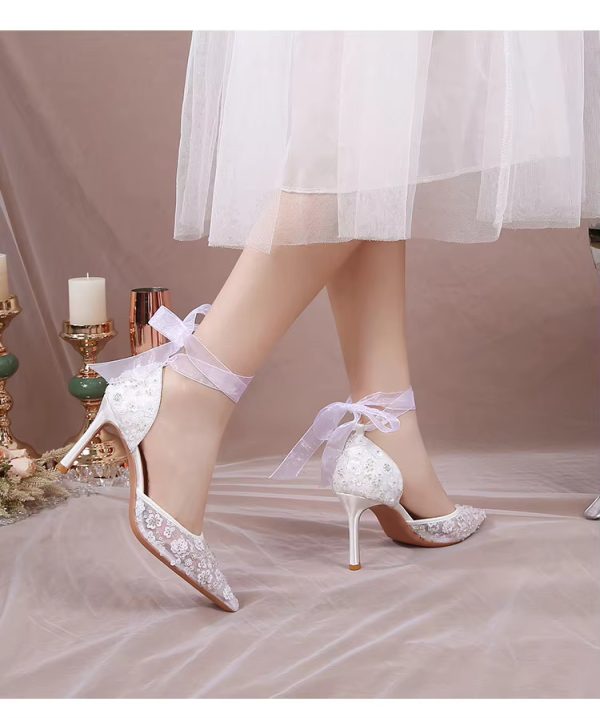 Pointy Thin Heel Lace Hollow Bun Strap Fashion Mesh High Heels Bride Shoes Sandals - Image 12