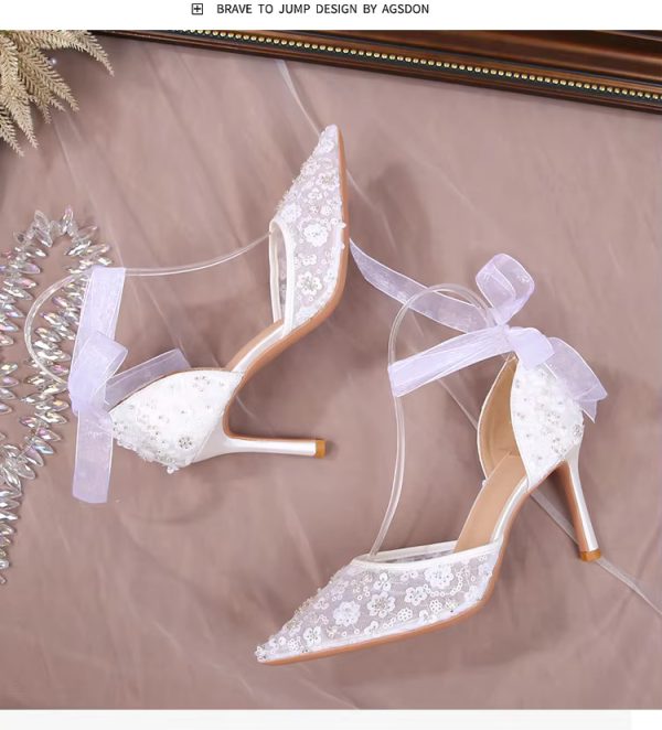 Pointy Thin Heel Lace Hollow Bun Strap Fashion Mesh High Heels Bride Shoes Sandals - Image 14