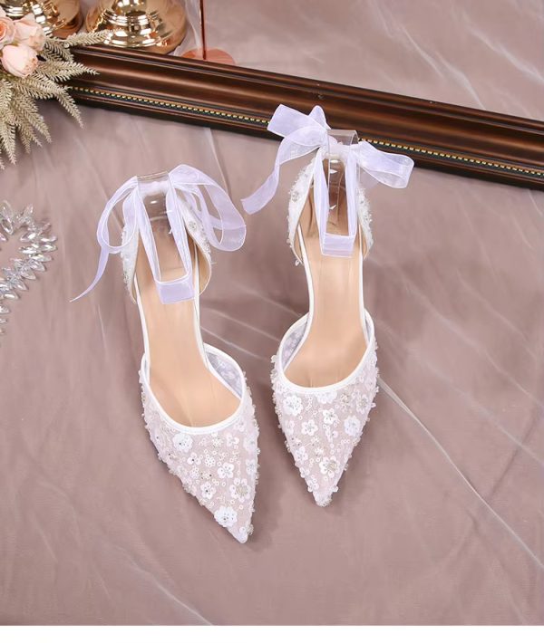 Pointy Thin Heel Lace Hollow Bun Strap Fashion Mesh High Heels Bride Shoes Sandals - Image 15