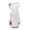 Crystal Flower Elegant Chunky High Heel Ankle Buckle White Lace Sandals - Image 10