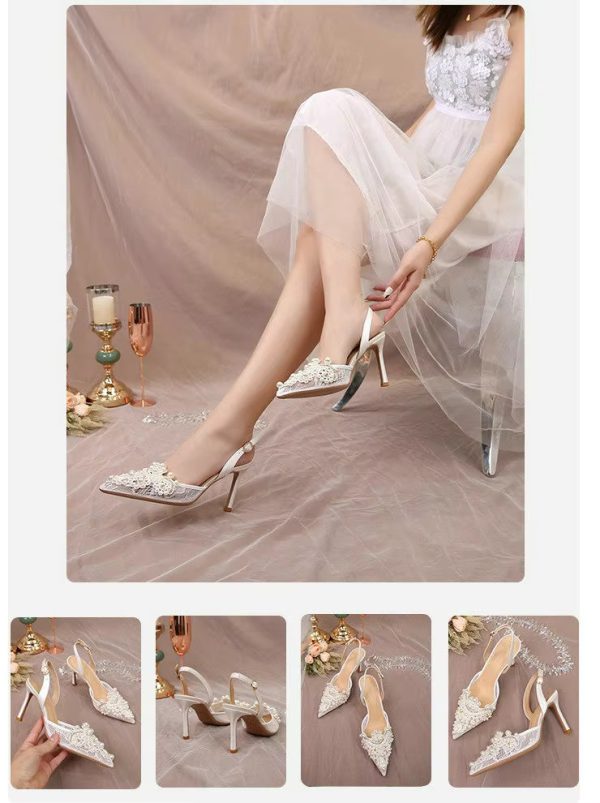 Pearl Fashion High Heels Lace Shoes Bridesmaid Shoes Pumps - Image 15