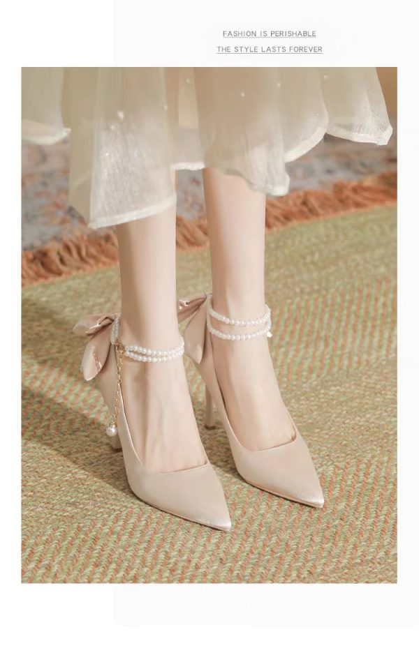 Pearls Buckle Belt Satin Fabric Bow  High Heel Point Toe Wedding Shoes - Image 4