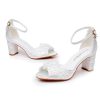Crystal Flower Elegant Chunky High Heel Ankle Buckle White Lace Sandals - Image 13