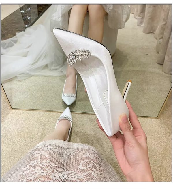 Thin Heel Pointed Toe Fashion Rhinestone Princess Pumps Satin Bridal Shoes - Image 17