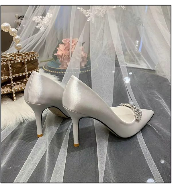 Thin Heel Pointed Toe Fashion Rhinestone Princess Pumps Satin Bridal Shoes - Image 19