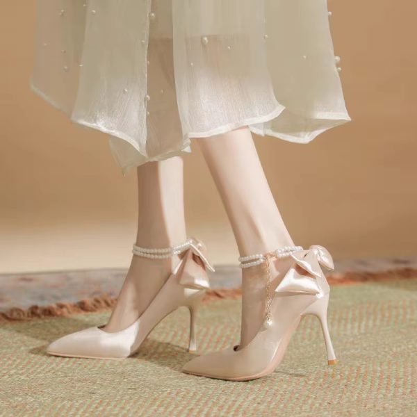 Pearls Buckle Belt Satin Fabric Bow  High Heel Point Toe Wedding Shoes - Image 3