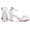 Crystal Flower Elegant Chunky High Heel Ankle Buckle White Lace Sandals - Image 14