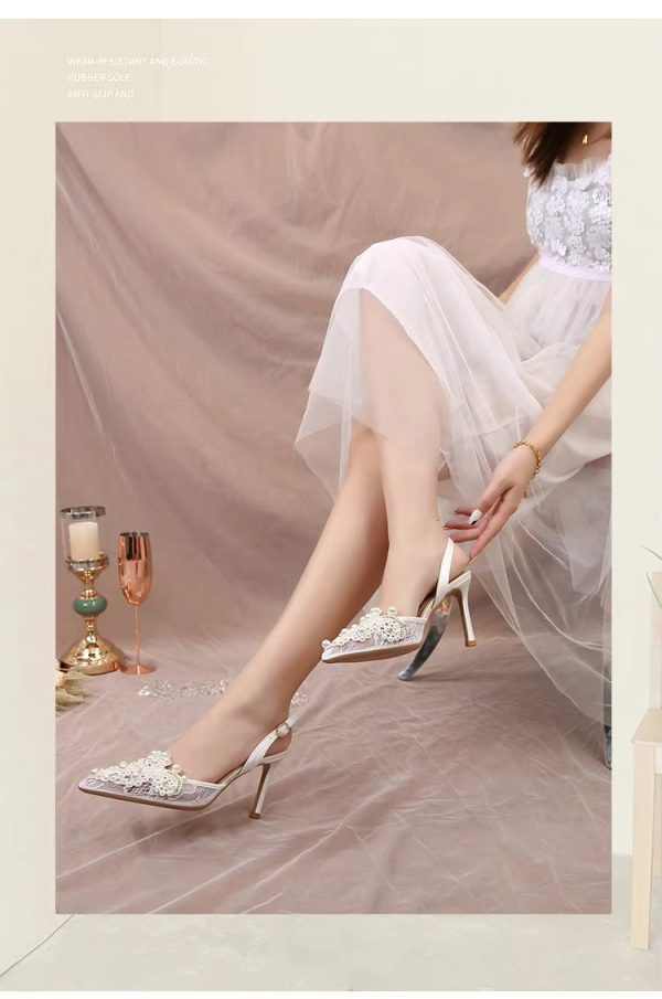 Pearl Fashion High Heels Lace Shoes Bridesmaid Shoes Pumps - Image 16