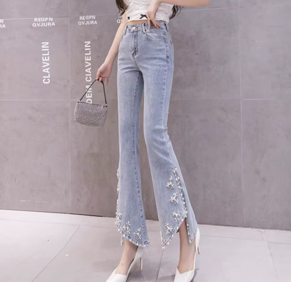 Casual Skinny Split High-waist Beading Pearl Chain Flared Pants - Image 5